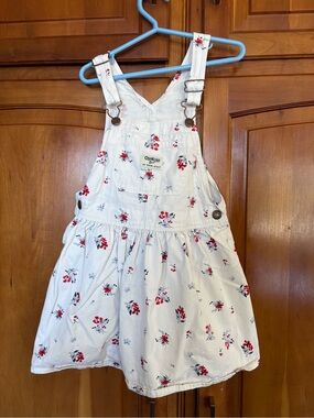 OshKosh B'gosh White Overall Dress with Red Floral Print girls size 5